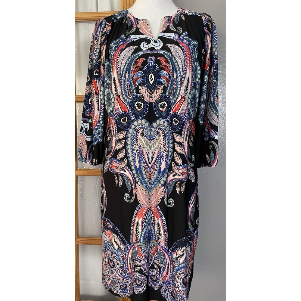 Luxology Paisley Pleated Dress Sz L Pink Navy 3/4 Sleeve Psychedelic Boho